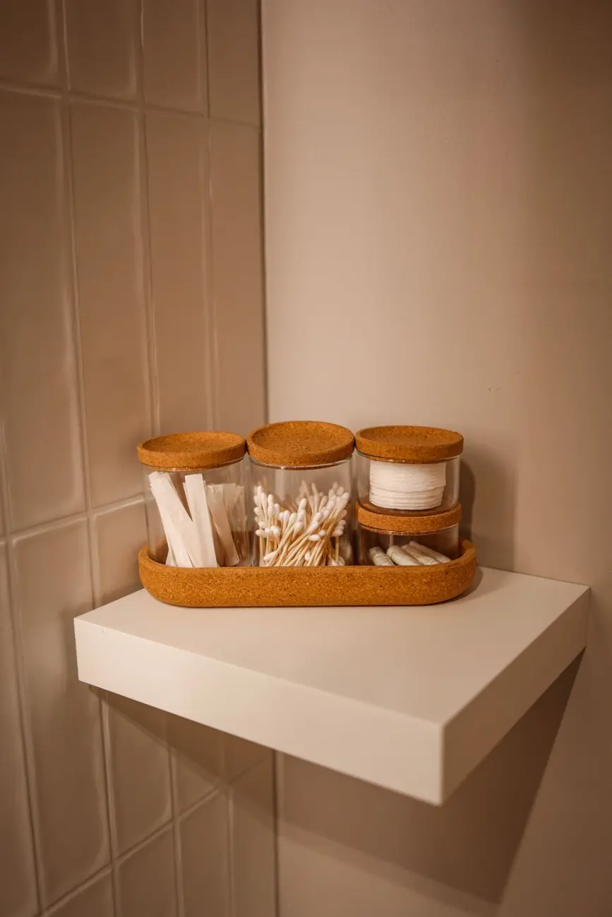 Glass jars on a bathroom shelf
