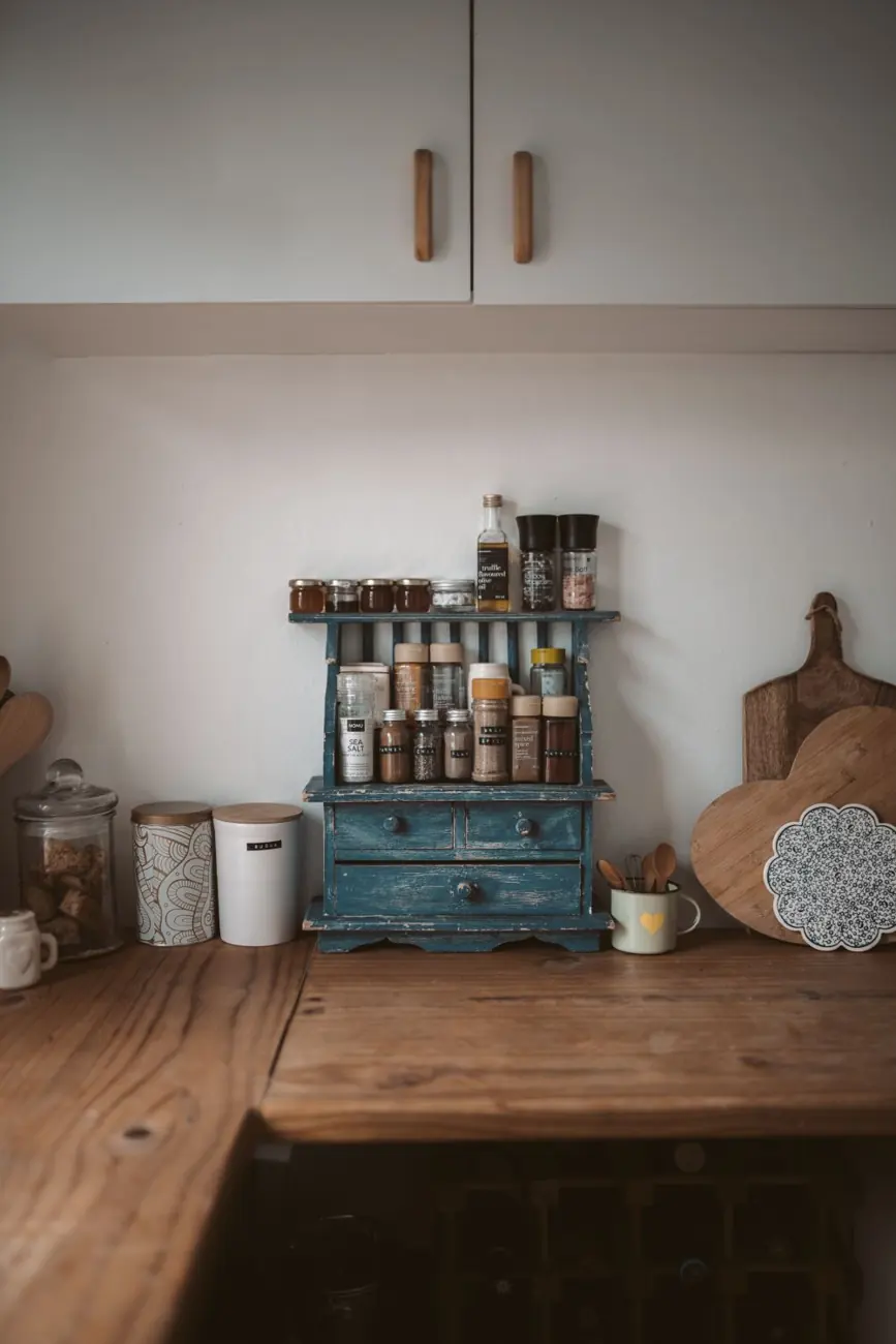 Spice rack on a wooden kitchen counter