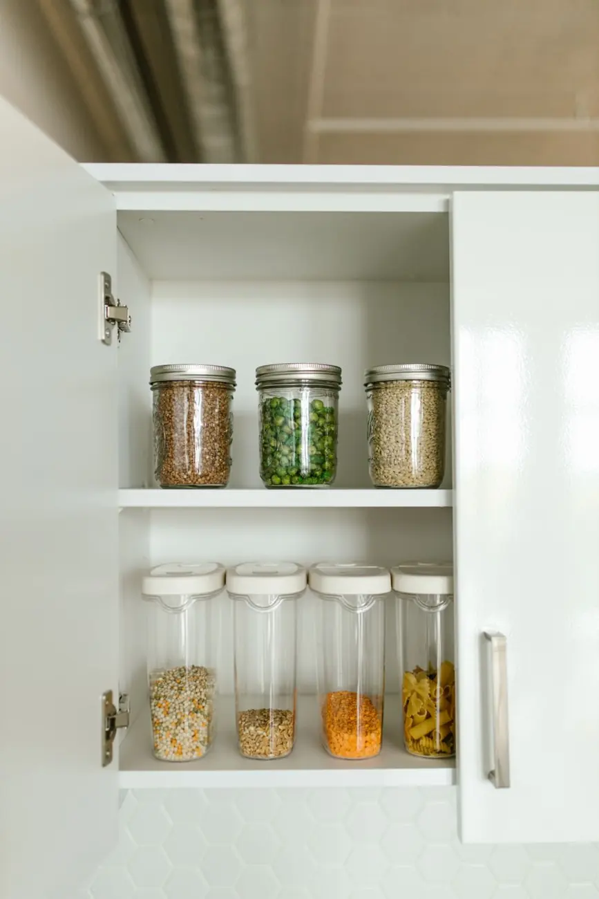 Kitchen cabinet with glass jars of pasta, grains and beans